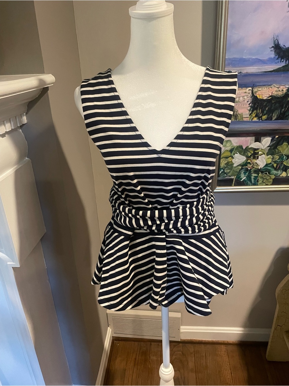 Fabulous unique J. Crew Navy and White Striped V-Neck Peplum Tunic. Adjustable.